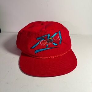 Vintage Red Corduroy Ski Hat with Embroidered Design